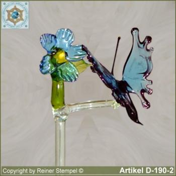 Blumenstab, Orchideenstab Blumenhalter aus Glas mit Glasblume und Glastier Schmetterling Hellblau
