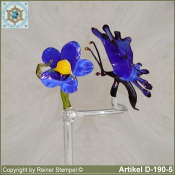 Blumenstab, Orchideenstab Blumenhalter aus Glas mit Glasblume und Glastier Schmetterling Blau