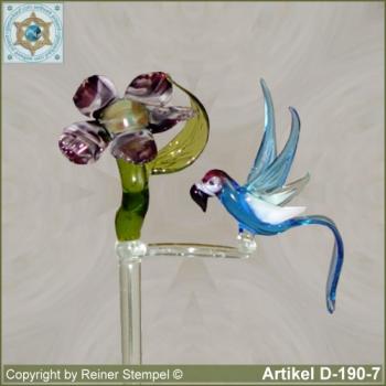 Blumenstab, Orchideenstab Blumenhalter aus Glas mit Glasblume Violett Weiss und Glasvogel Papagei Blau Weiss