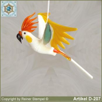 Glastiere, Glasvögel, Glasvogel, Sittich aus Murano Glas fliegend, Kamm Orange