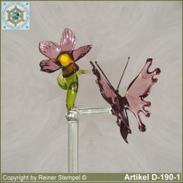 Blumenstab, Orchideenstab Blumenhalter aus Glas mit Glasblume und Glastier Schmetterling Violett