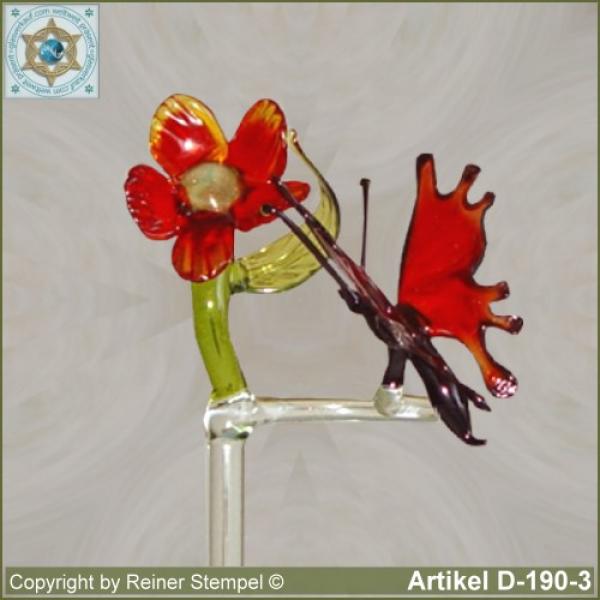 Blumenstab, Orchideenstab Blumenhalter aus Glas mit Glasblume und Glastier Schmetterling Rot