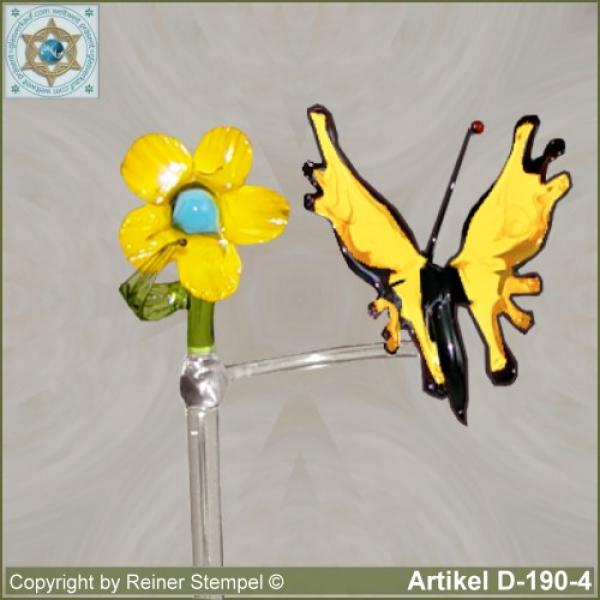 Blumenstab, Orchideenstab Blumenhalter aus Glas mit Glasblume und Glastier Schmetterling Gelb