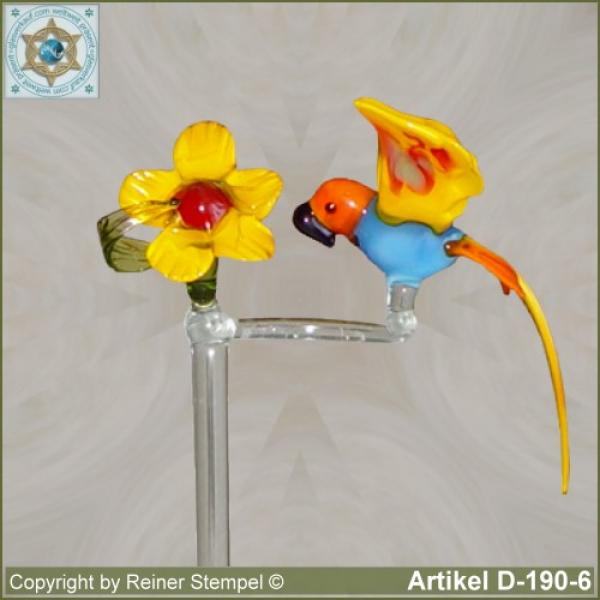Blumenstab, Orchideenstab Blumenhalter aus Glas mit Glasblume Gelb und Glasvogel Papagei Gelb Teal