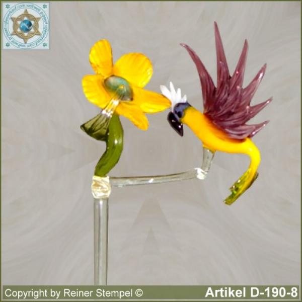 Blumenstab, Orchideenstab Blumenhalter aus Glas mit Glasblume Gelb und Glasvogel Kakadu Gelb Violett