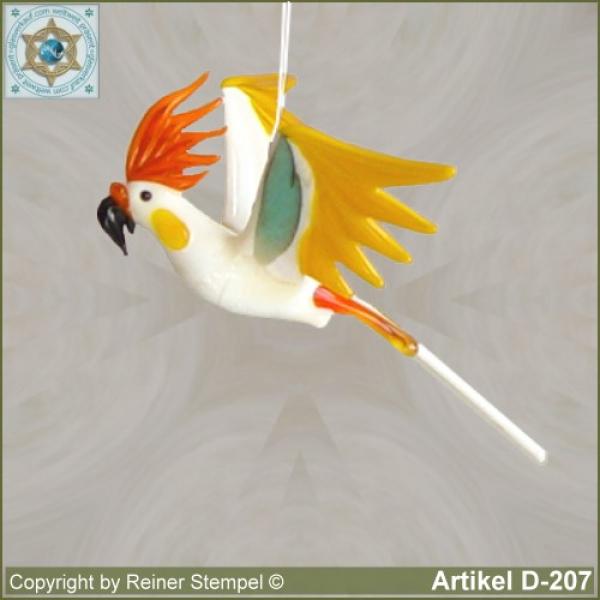 Glass animals, glass birds, glass bird Parakeet Murano glass flying with orange comb