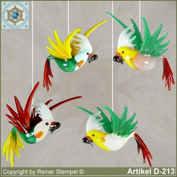 Glass animals, glass birds, glass bird, Cockatoo flying in 4 different variants Murano glass